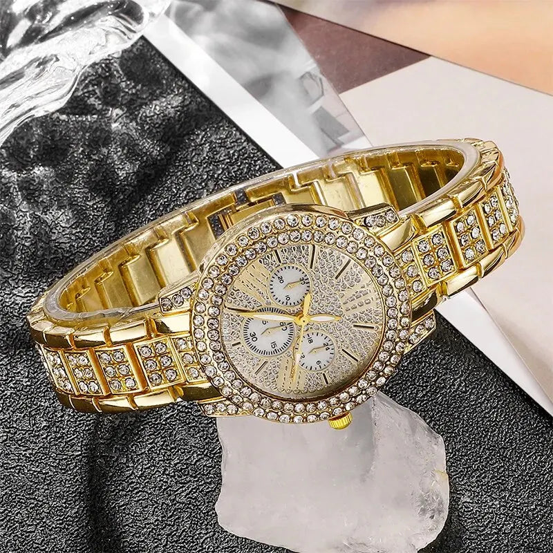 Women's Quartz Rhinestone Watch Ring, Necklace, Bracelet, Earring & Ring set