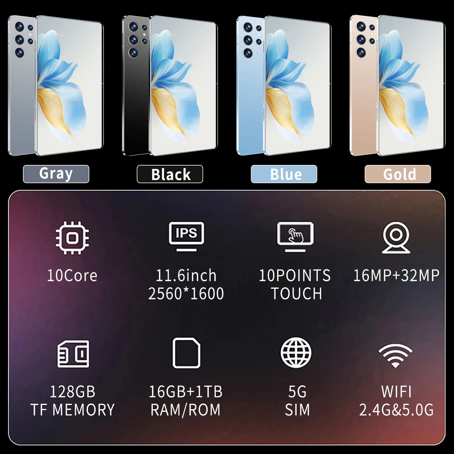 2024 Tablet 11.6 inch HD 4K 16GB+1T 12000mAh