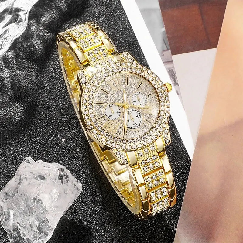 Women's Quartz Rhinestone Watch Ring, Necklace, Bracelet, Earring & Ring set