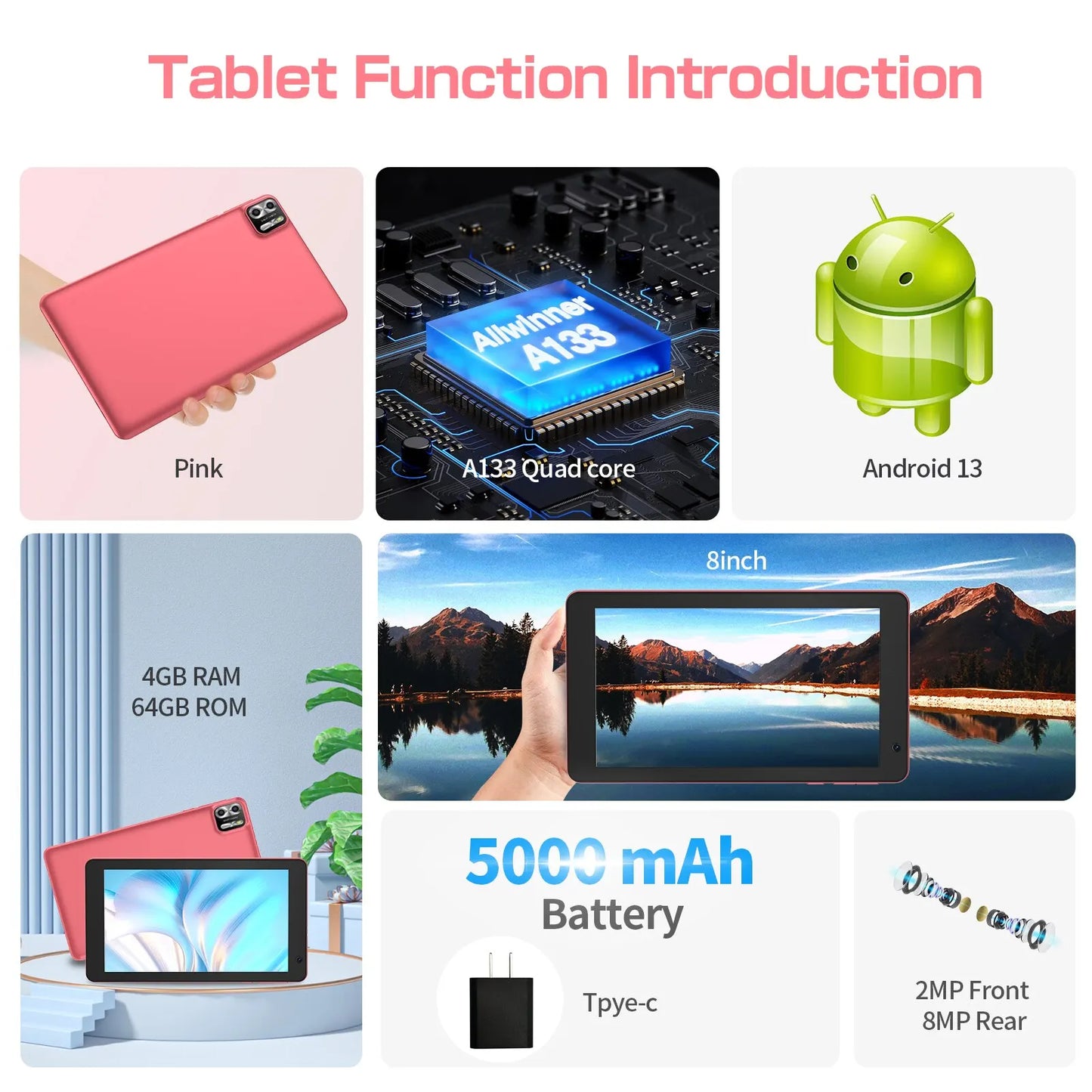 8 Inch Tablet Android 13, 8GB(4+4 Expand) RAM 64GB ROM,1TB