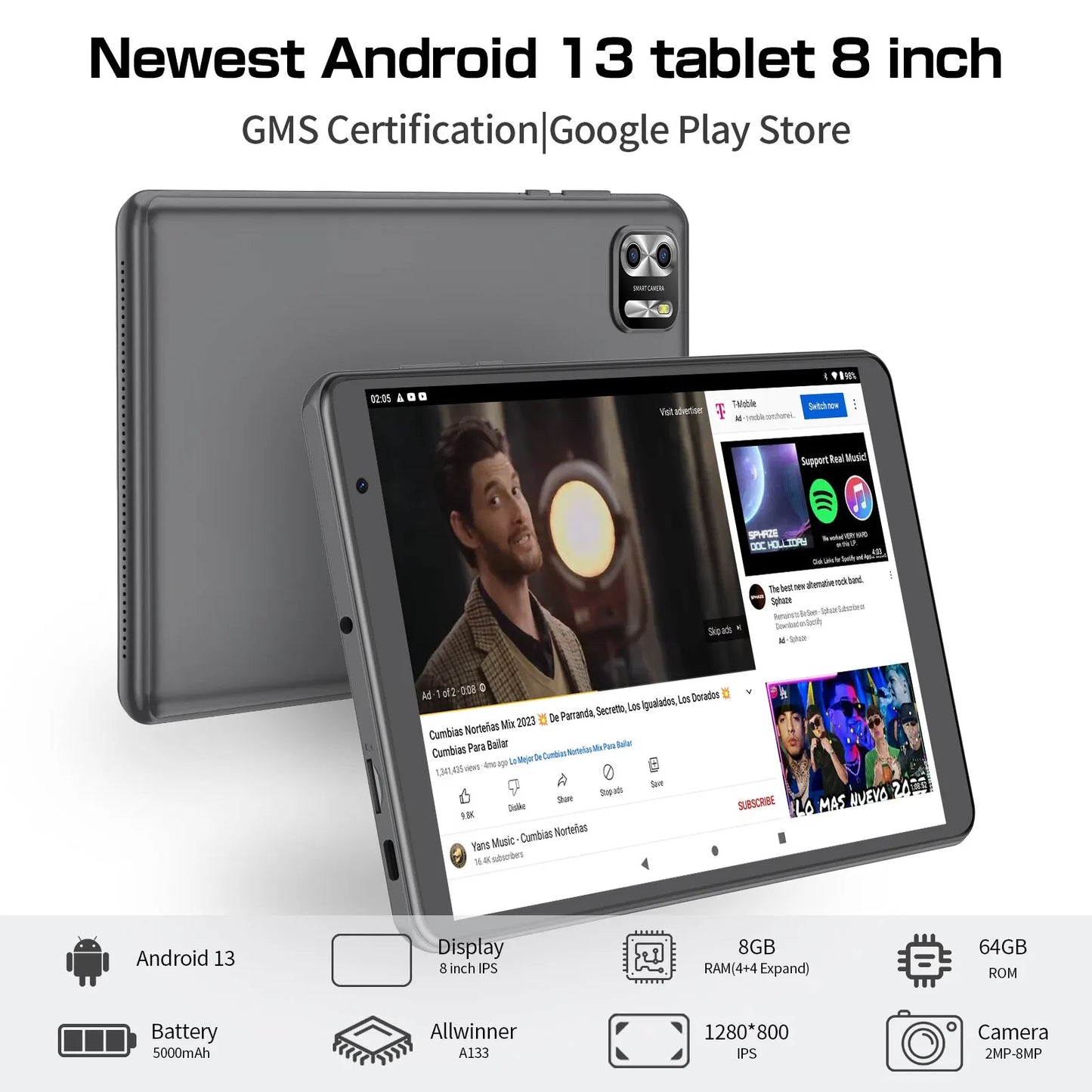 8 Inch Tablet Android 13, 8GB(4+4 Expand) RAM 64GB ROM,1TB