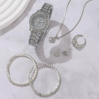 6PCS Watch, Bracelet, Chain, Ring and Earrings set