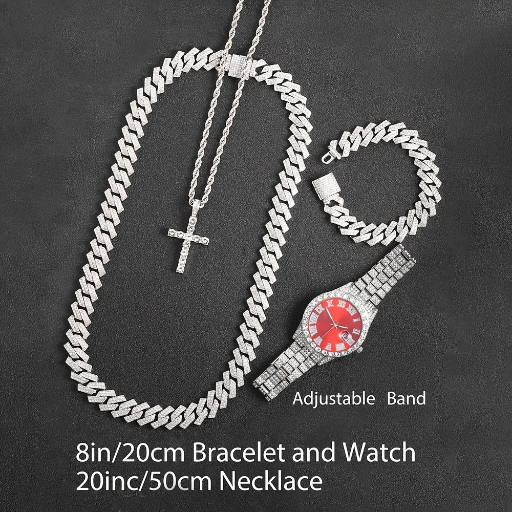 4pcs Cuban Chain, Watch, Necklace & bracelet Set