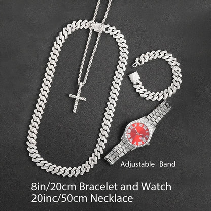 4pcs Cuban Chain, Watch, Necklace & bracelet Set