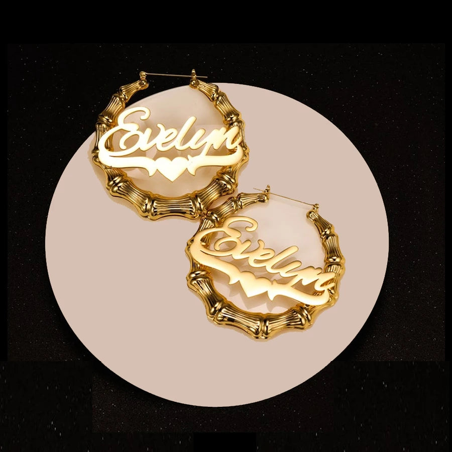 Customised Name 5mm Cuban Chain plus 50mm Bamboo Hoop Earrings