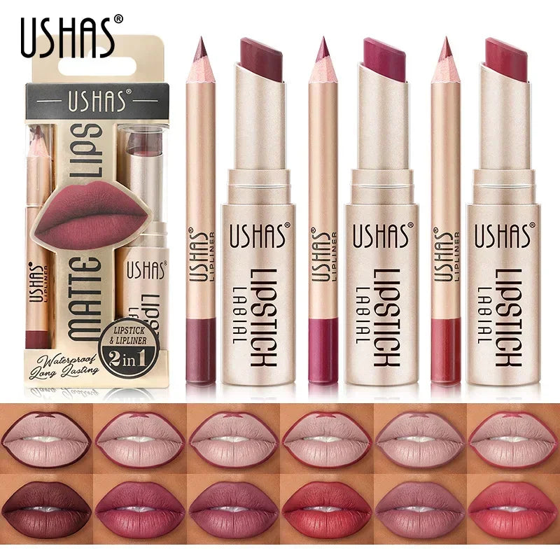 2 In 1 Matte Satin Lipstick Set Lip With Liner Pencil