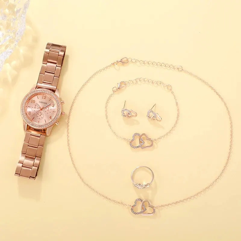 6PCS Rose Gold Watch, Bracelet, Ring, Necklace & Earrings gift set
