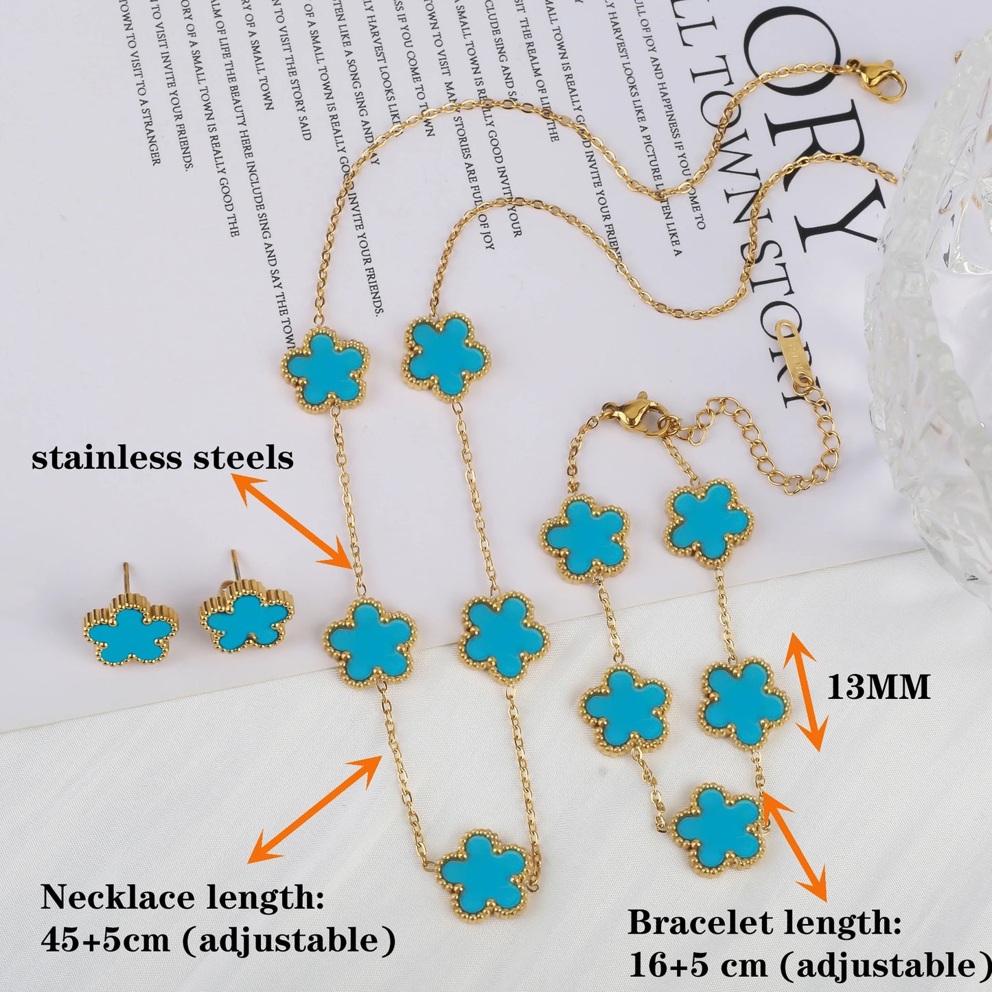 3Pcs 18k Gold-Plated Five-Leaf Flower Necklace Earrings Bracelet Jewelry Set