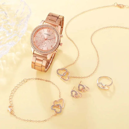 6PCS Rose Gold Watch, Bracelet, Ring, Necklace & Earrings gift set