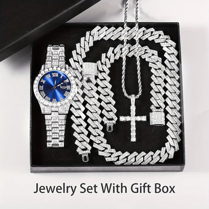 4pcs Cuban Chain, Watch, Necklace & bracelet Set