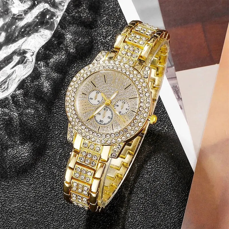Women's Quartz Rhinestone Watch Ring, Necklace, Bracelet, Earring & Ring set