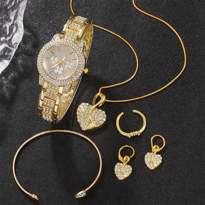 Women's Quartz Rhinestone Watch Ring, Necklace, Bracelet, Earring & Ring set